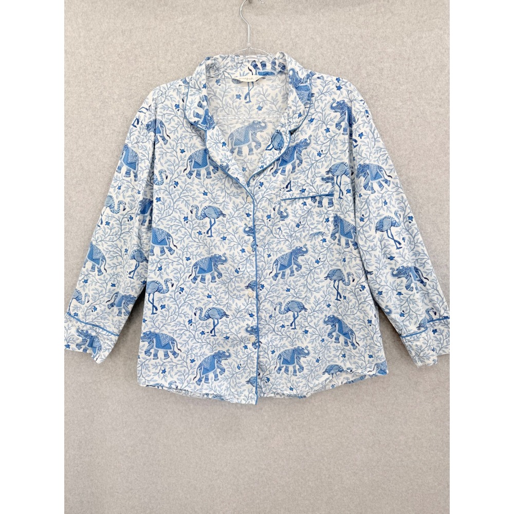 Printfresh Pajama Top Women XL Blue Flamenco Elephant Flamingo Cotton Button Up